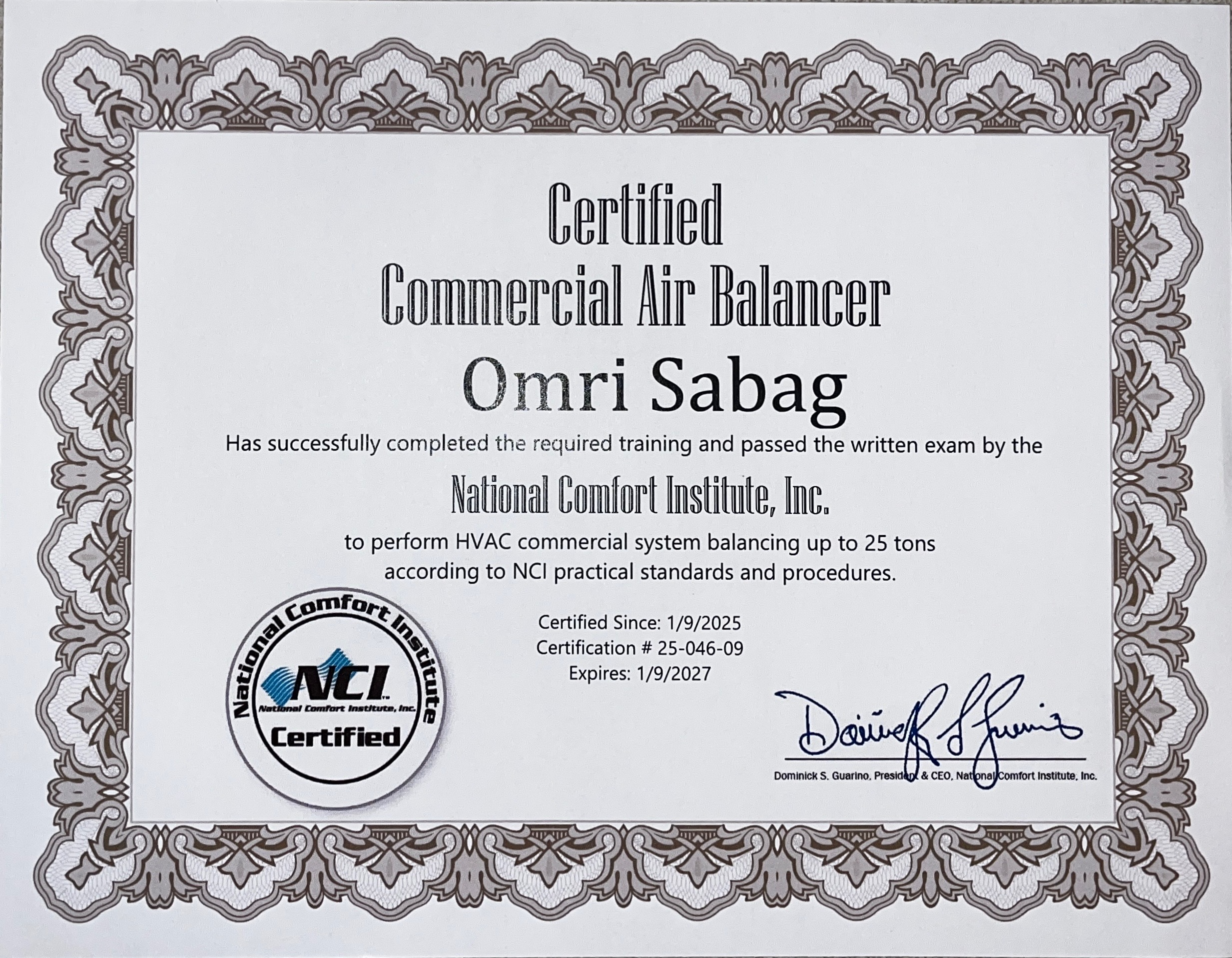 Omri Air Balancing Certification